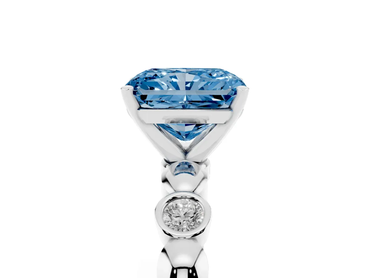 Fancy Blue Radiant Cut Solitaire Bezel-Set Diamond Ring with Beaded Band and Four-Prong Setting Silver