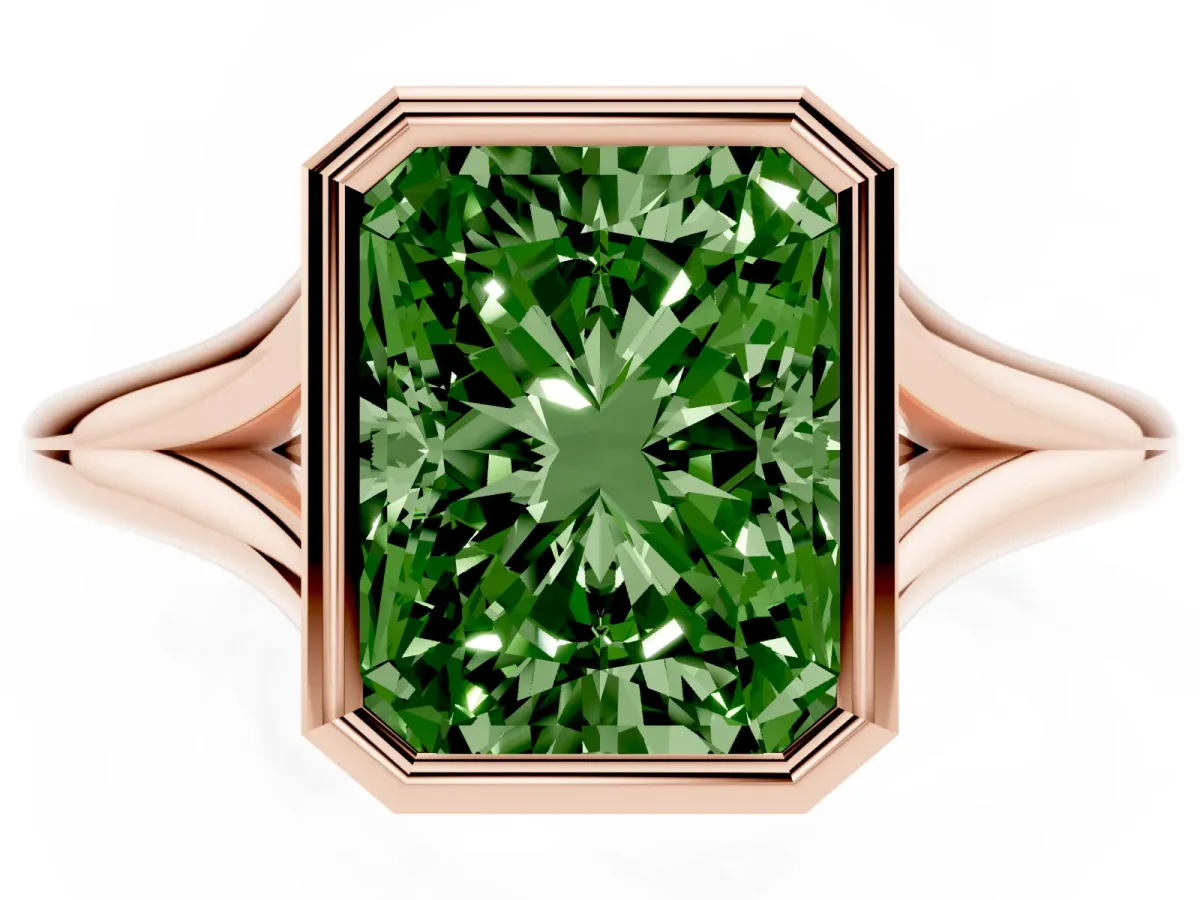 Fancy Green Bezel Set Radiant Cut Cut Solitaire Ring with Tapered Band Rose gold