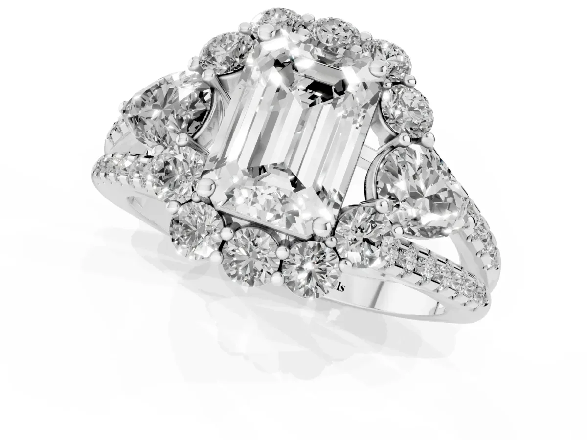 Emerald Cut Halo Split Shank Diamond Engagement Ring with Prong Setting Silver