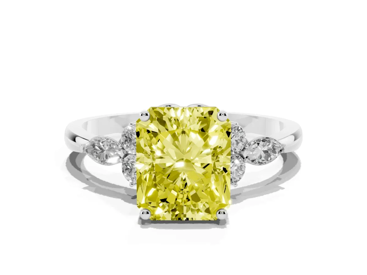 Fancy Yellow Radiant Cut Brilliant Diamond Solitaire Ring with Pear Side Stones and Four-Prong Setting Platinum