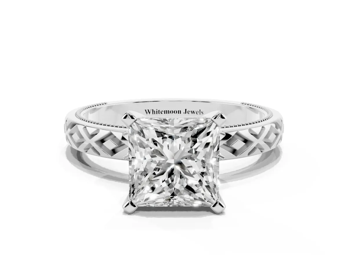 Princess Cut Solitaire Diamond Ring with Milgrain and Black Enamel X Pattern Band Silver