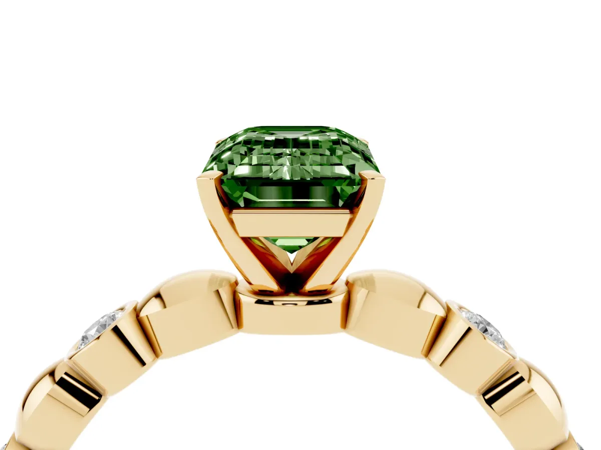 Fancy Green Emerald Cut Solitaire Bezel-Set Diamond Ring with Beaded Band and Four-Prong Setting Yellow gold