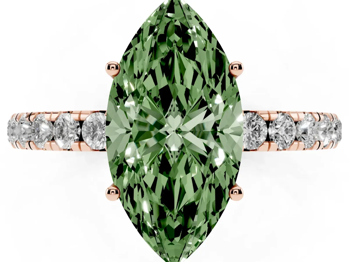 Fancy Green Marquise Cut Diamond Pavé Solitaire Engagement Ring with Four-Prong Setting Rose gold