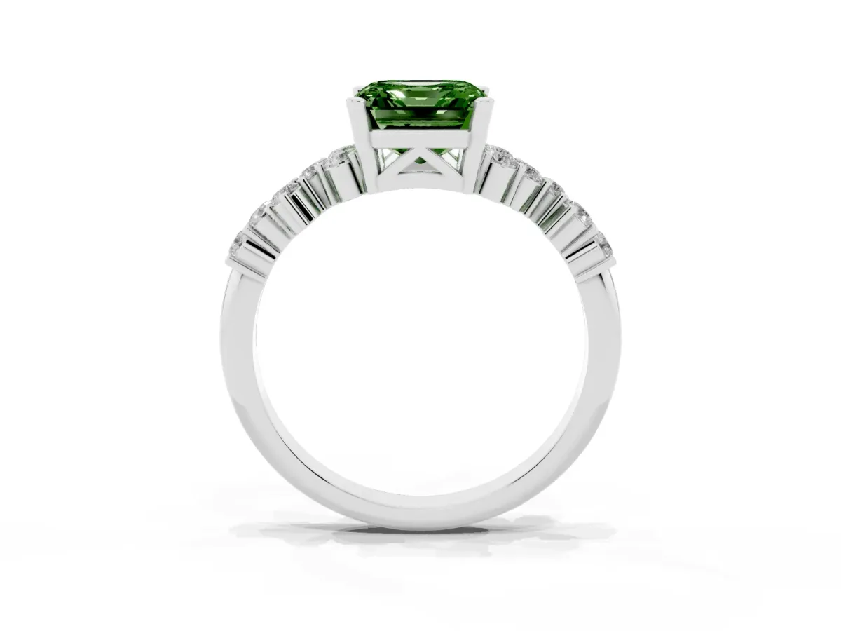 Fancy Green Asscher Cut Diamond Scattered Round Accent Ring with Prong Setting White gold