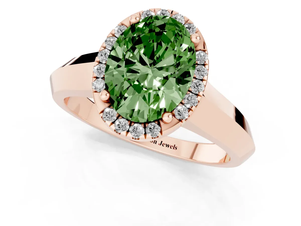 Fancy Green Oval Cut Halo Diamond Ring with Cathedral Band and Four-Prong Setting Rose gold