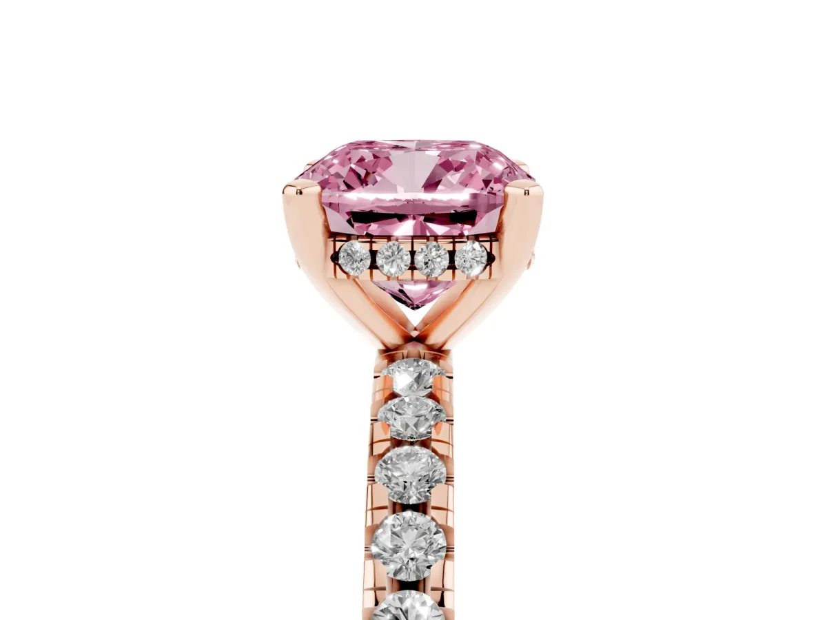 Fancy Pink Cushion Cut Diamond Solitaire Ring with Round Pavé Band and Four-Prong Setting Rose gold