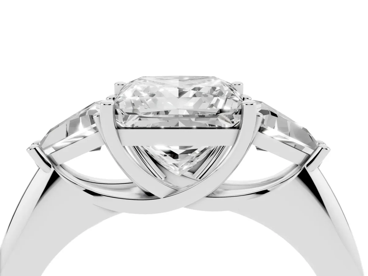 Three-Stone Princess Cut Diamond Engagement Ring with Trillion Side Stones and Prong Setting Silver