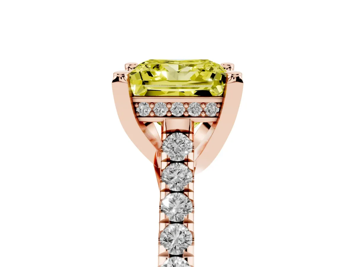 Fancy Yellow Princess Cut Brilliant Diamond Solitaire with Pavé Band and Four-Prong Setting Rose gold
