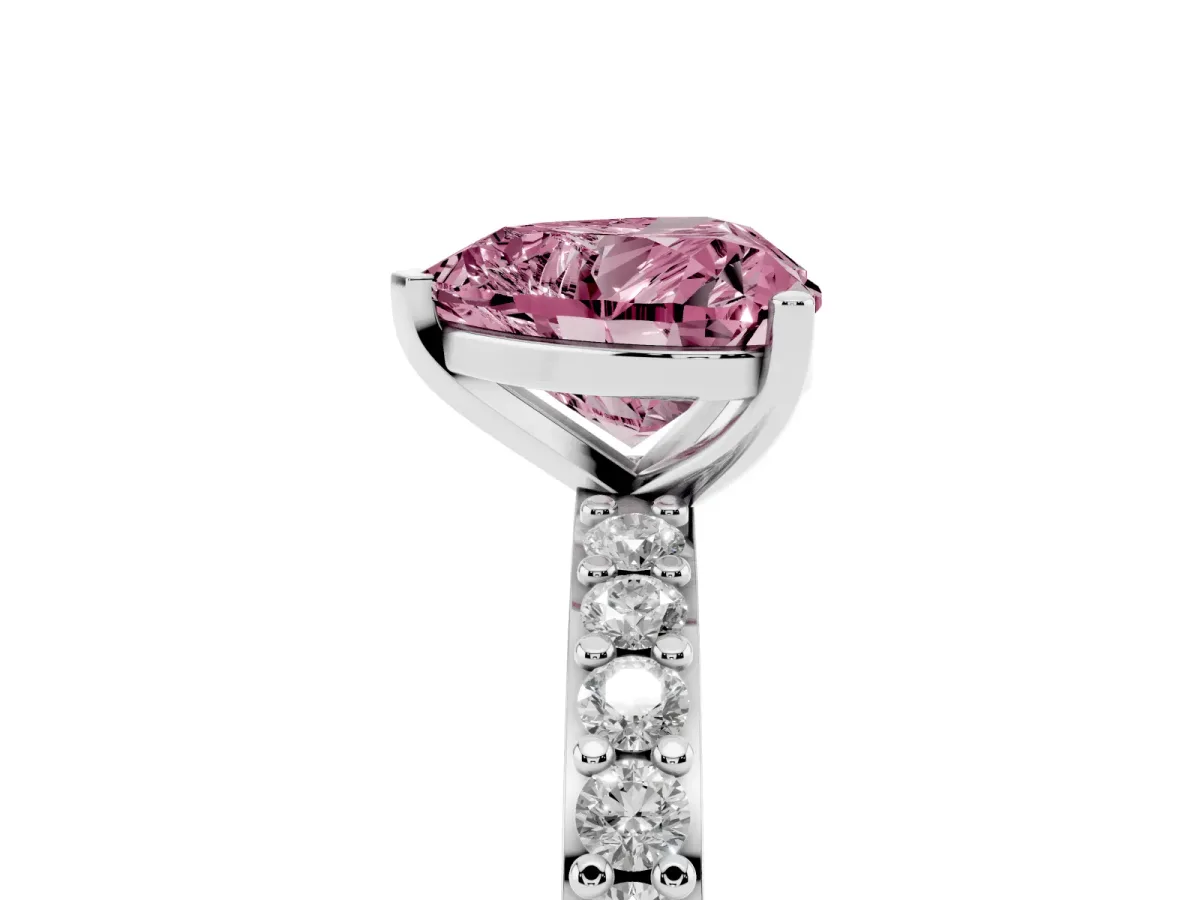 Fancy Pink Heart Cut Cut Diamond Solitaire with Pave Band and Four-Prong Setting Platinum