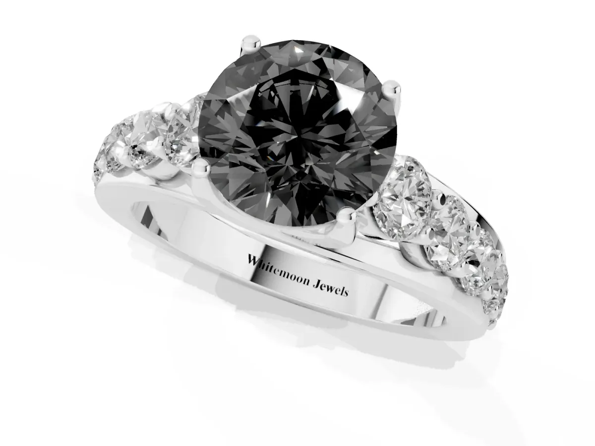 Fancy Black Round Cut Diamond Engagement Ring with Pavé Band and Four-Prong Setting Silver