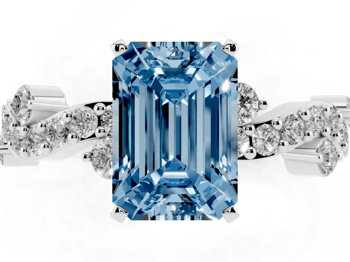 Fancy Blue Emerald Cut Cut Solitaire Diamond Twisted Band with Pave Setting White gold