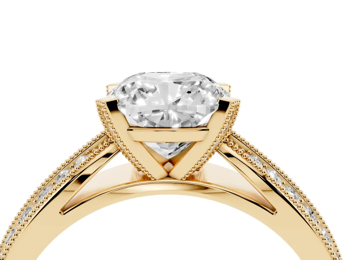 Cushion Cut Diamond Solitaire Ring with Milgrain Round Pavé Band and Prong Setting Yellow gold