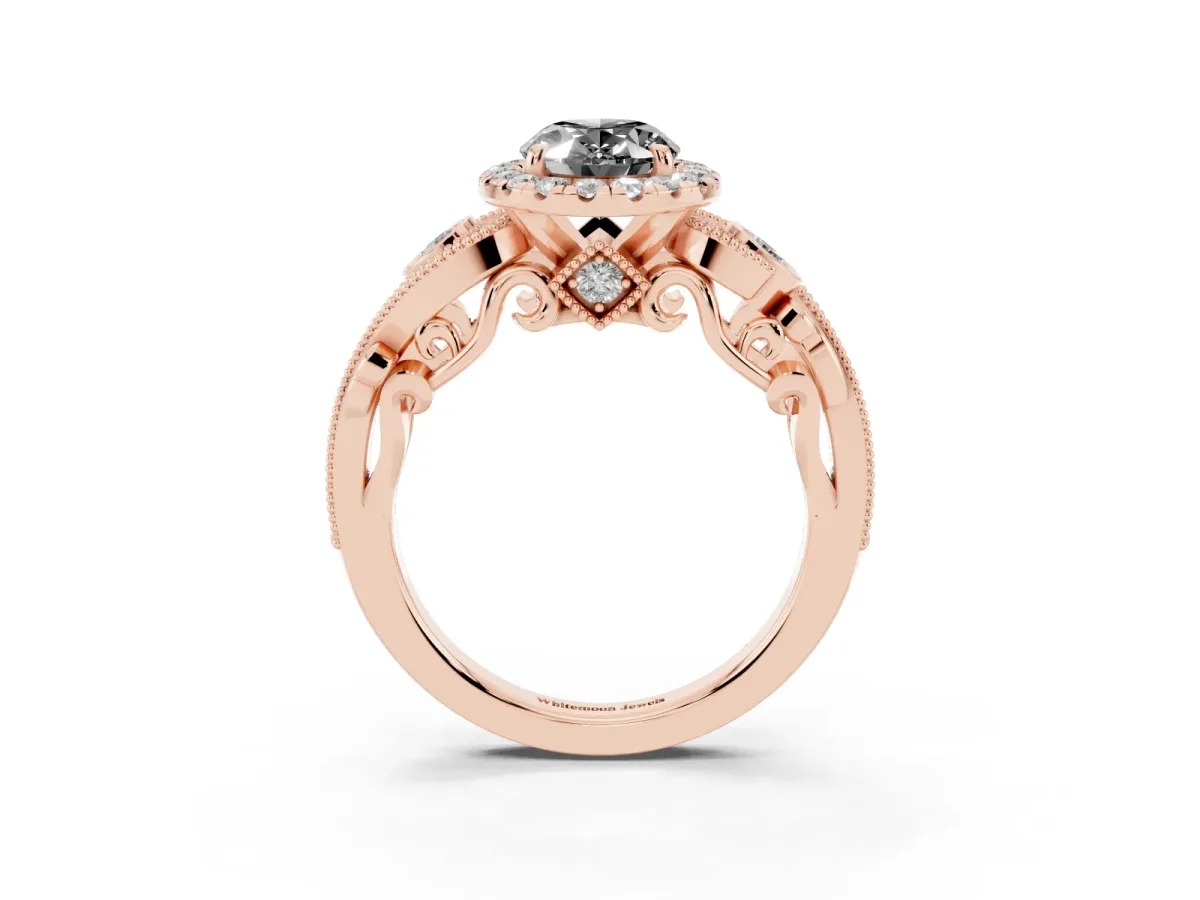 Fancy Black Oval Cut Halo Diamond Ring with Milgrain and Bezel Accents on a Split Shank Band Rose gold