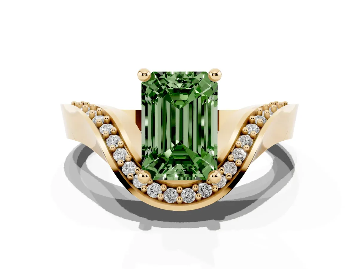 Fancy Green Emerald Cut Solitaire Diamond Engagement Ring with Pave Band and Four-Prong Setting Yellow gold