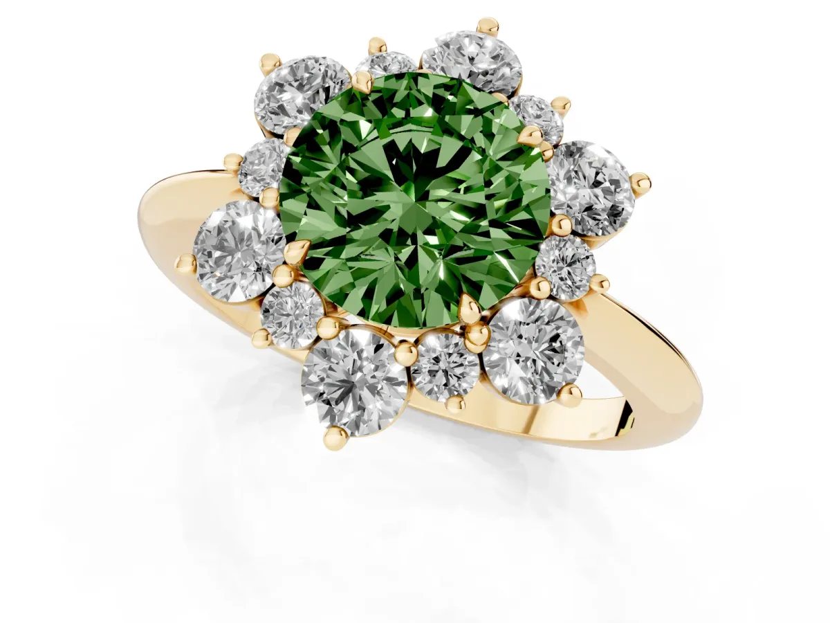 Fancy Green Round Cut Diamond Cluster Halo Ring with Solitaire Band and Four-Prong Setting Yellow gold