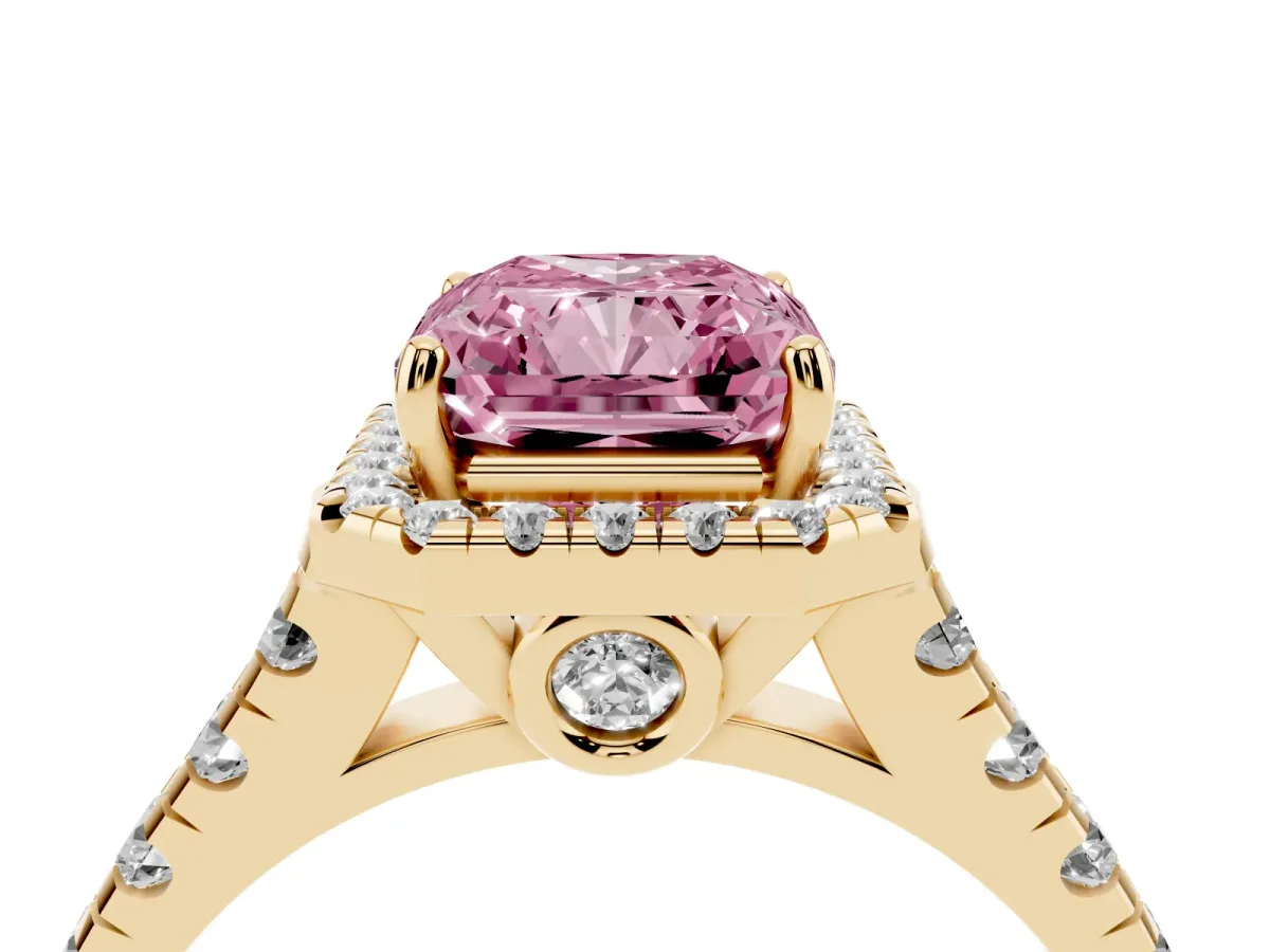 Fancy Pink Radiant Cut Halo Pavé Diamond Engagement Ring with Four-Prong Setting Yellow gold