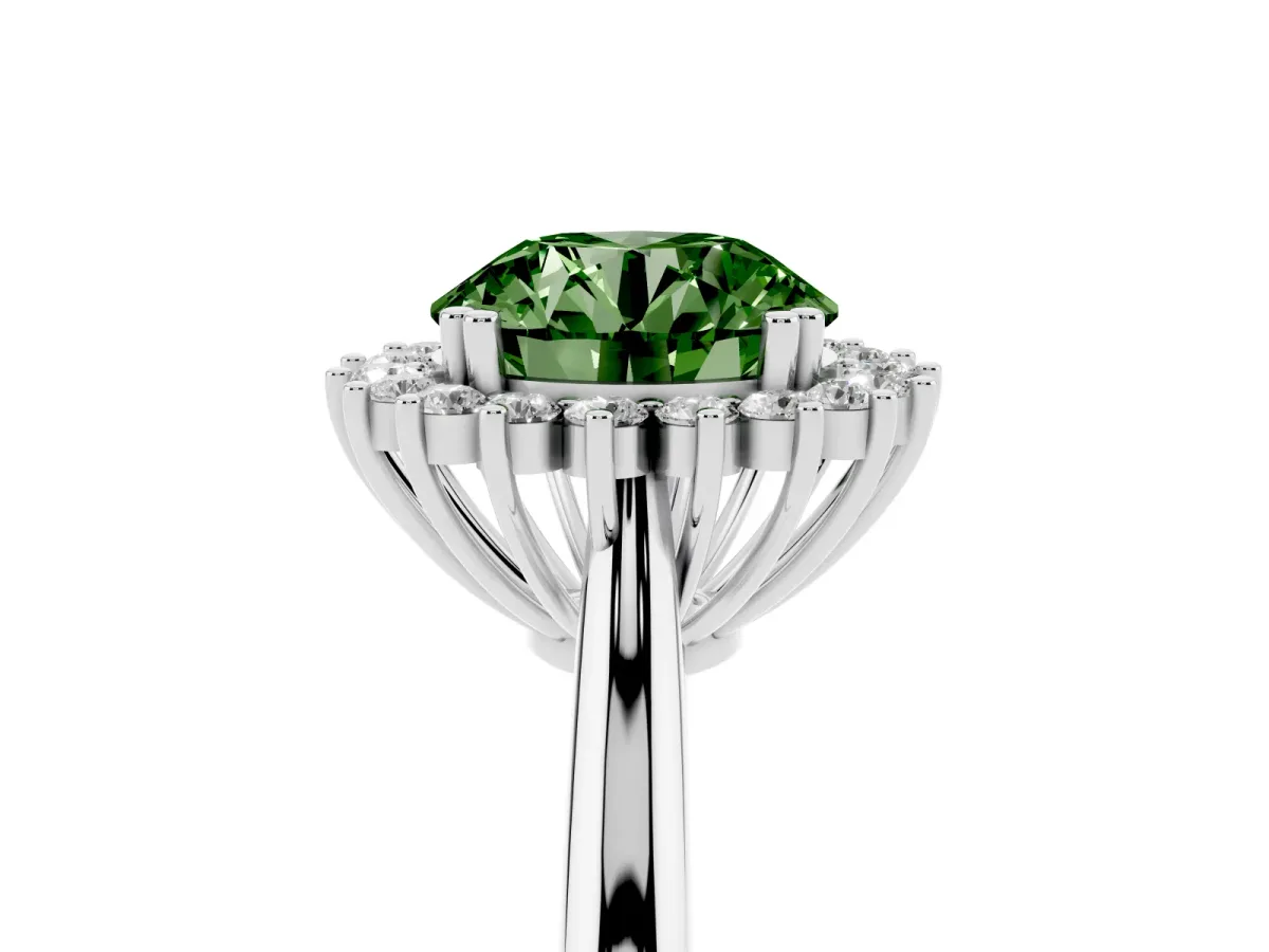 Fancy Green Round Cut Cut Diamond Halo Ring with Solitaire Band and Prong Setting Silver