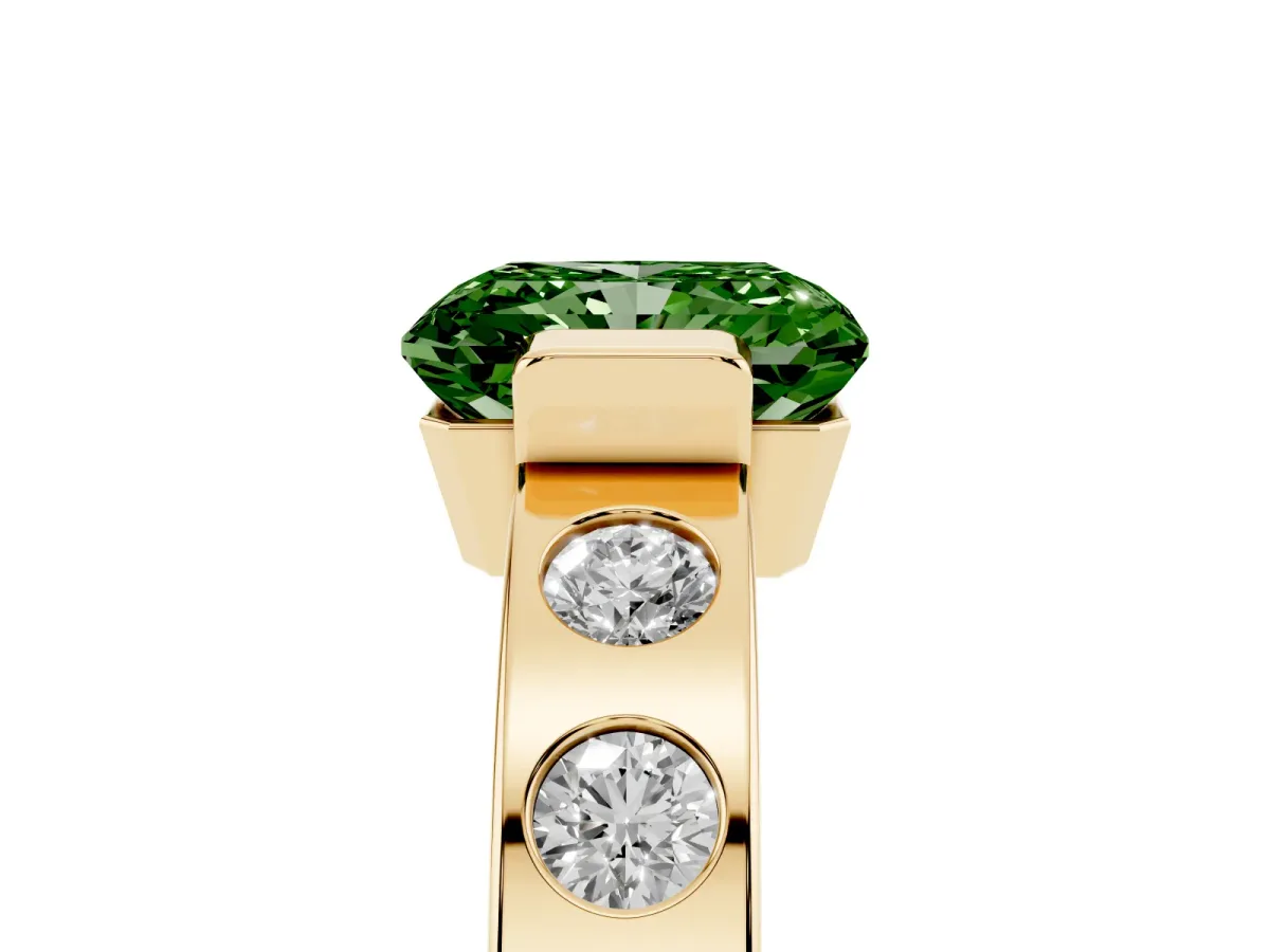 Fancy Green Radiant Cut Brilliant Channel-Set Diamond Ring with Bezel Prong Setting Yellow gold