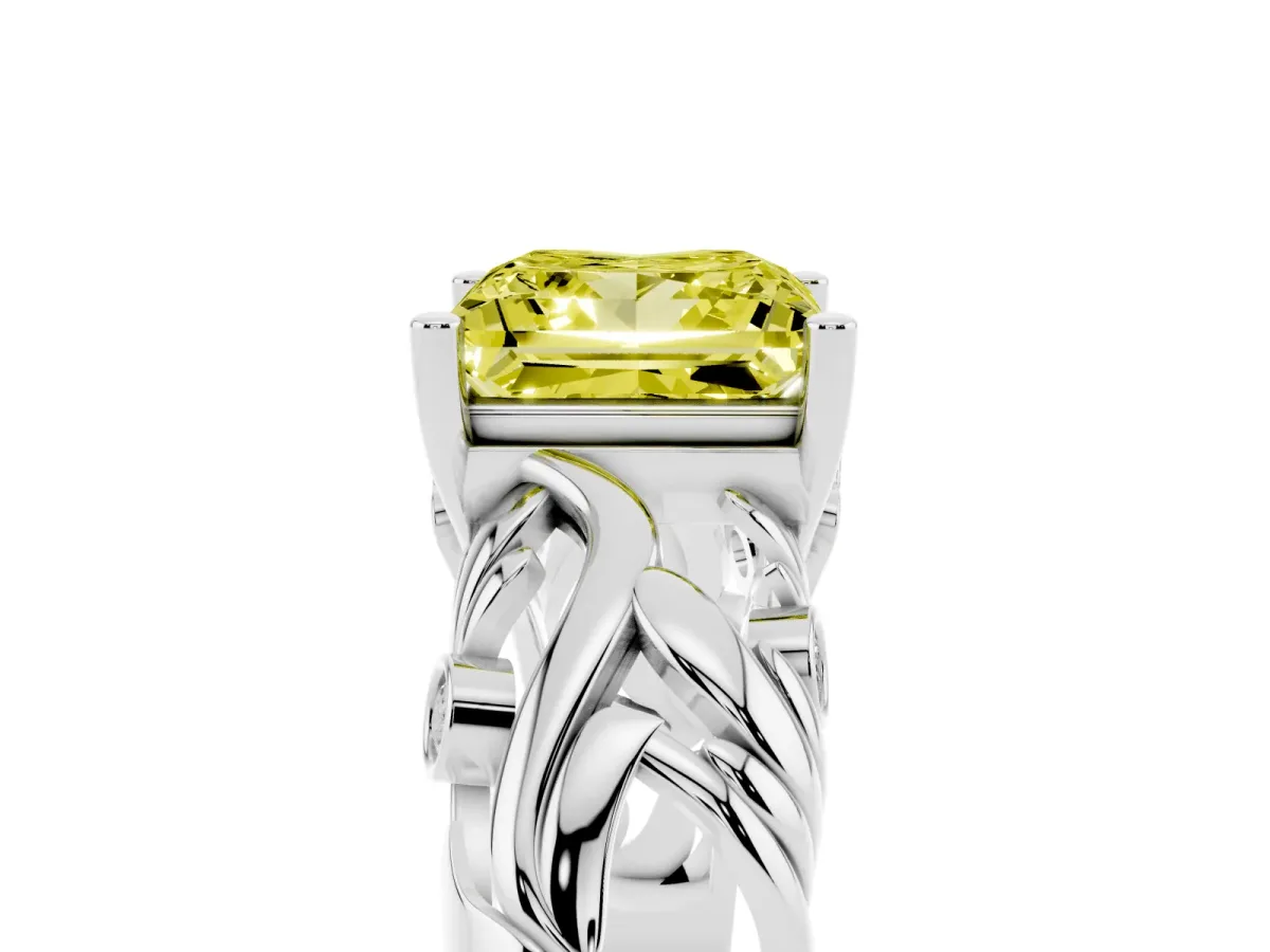 Fancy Yellow Princess Cut Solitaire Diamond Leaf-Inspired Vine Band Ring with Prong Setting Platinum