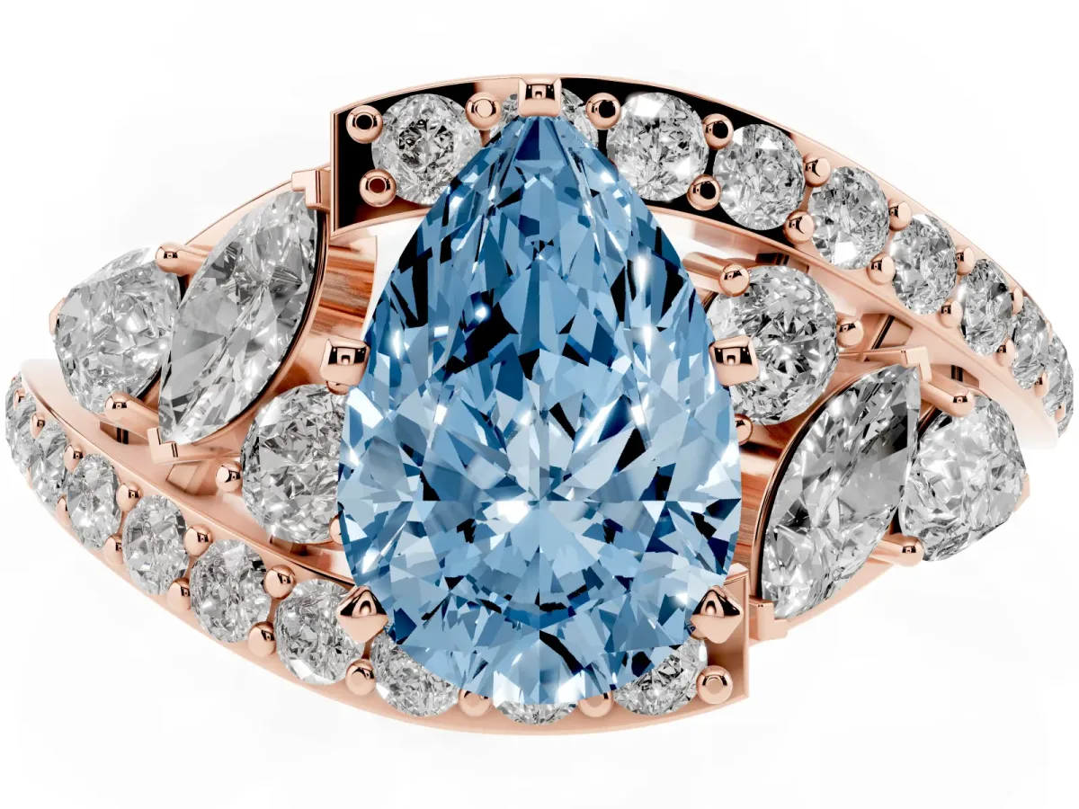 Fancy Blue Pear Cut Diamond Halo Ring with Marquise and Pavé Band in Prong Setting Rose gold