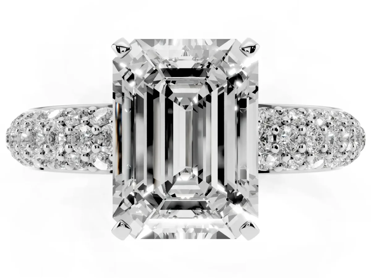 Emerald Cut Diamond Solitaire Ring with Prong Setting and Pavé Band Silver