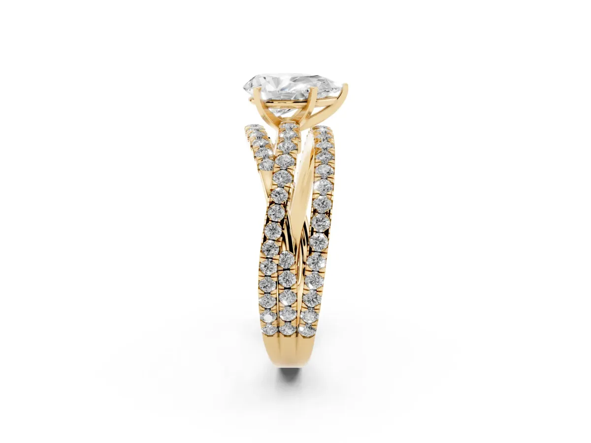 Pear Cut Solitaire Twist Band with Pavé Setting and Four-Prong Setting Yellow gold