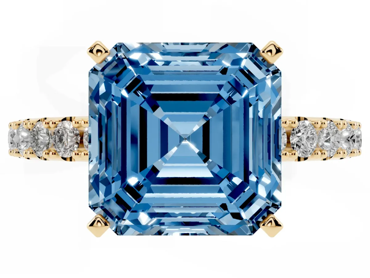 Fancy Blue Asscher Cut Diamond Solitaire Pavé Band with Four-Prong Setting Yellow gold