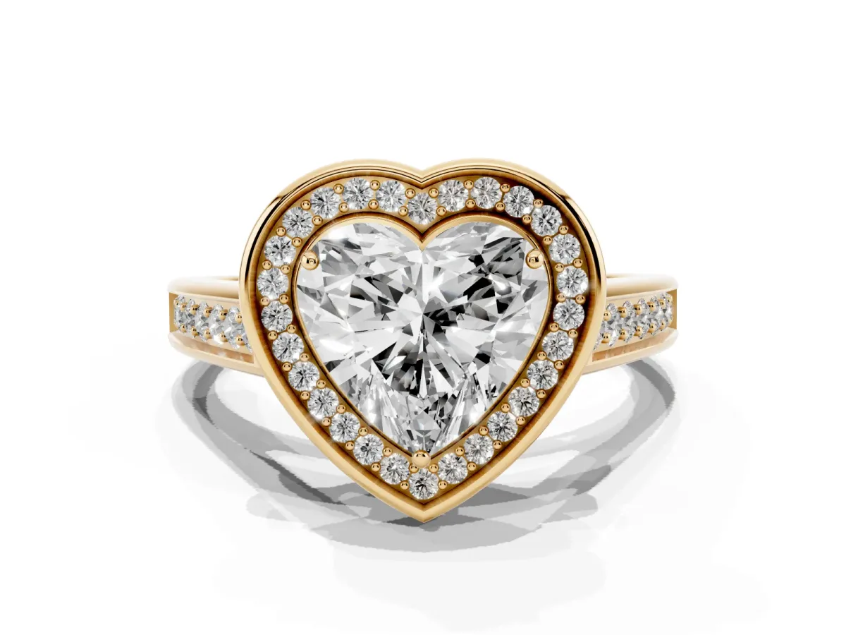 Heart Cut Halo Solitaire Diamond Ring with Pave Band and Bezel Setting Yellow gold