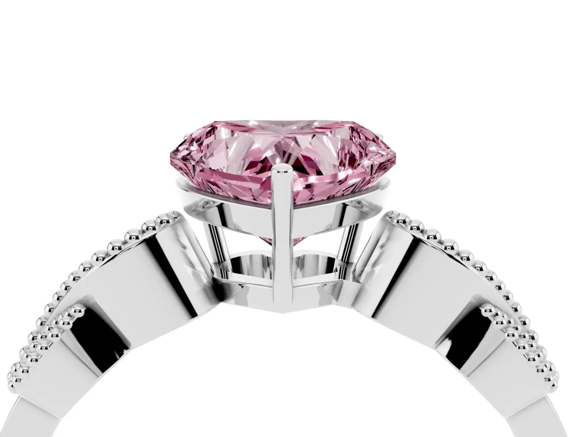 Fancy Pink Heart Cut Solitaire Milgrain Leaf Band with Prong Setting Silver