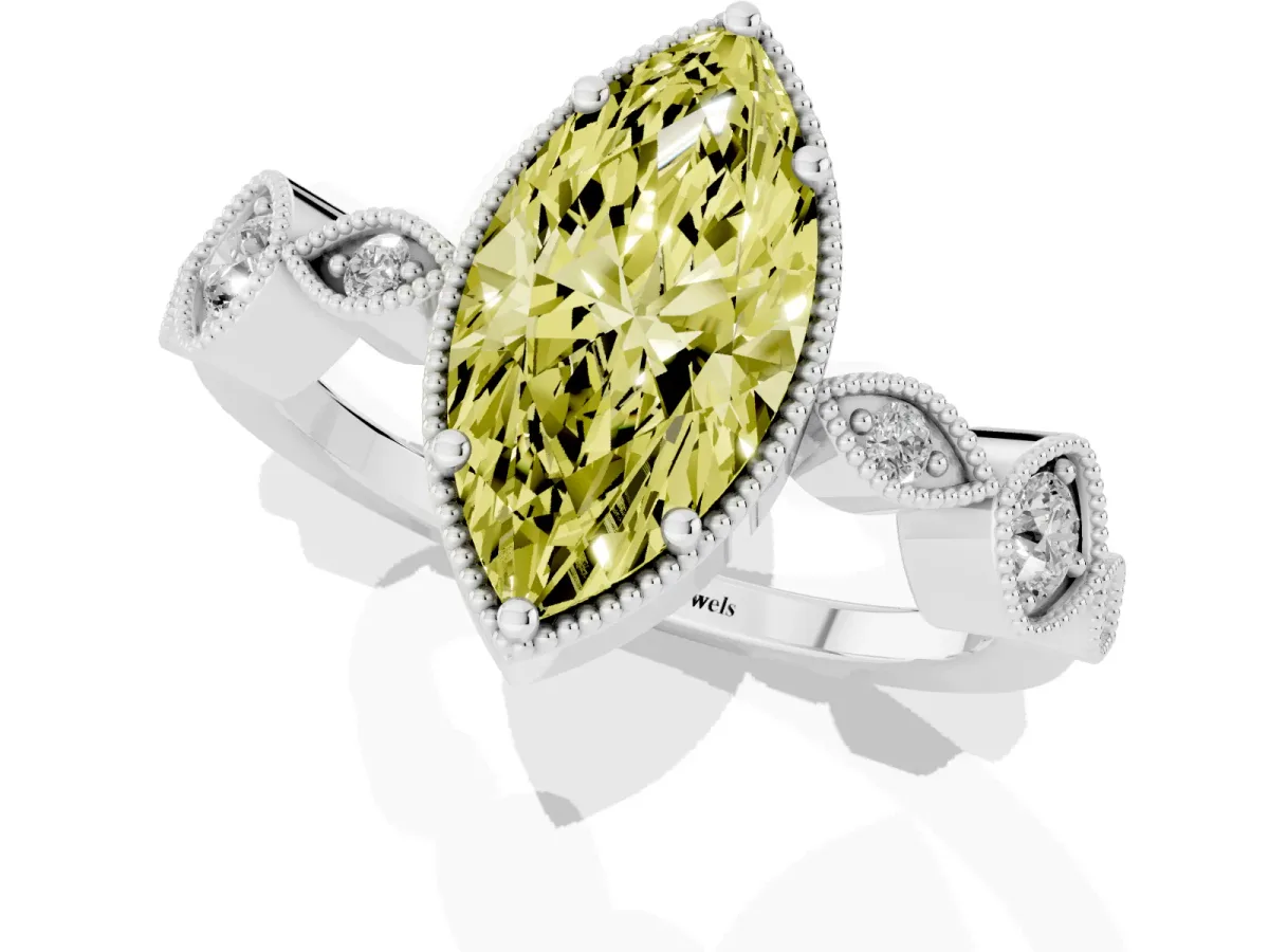 Fancy Yellow Marquise Cut Diamond Vintage Milgrain Ring with Round Stations Silver