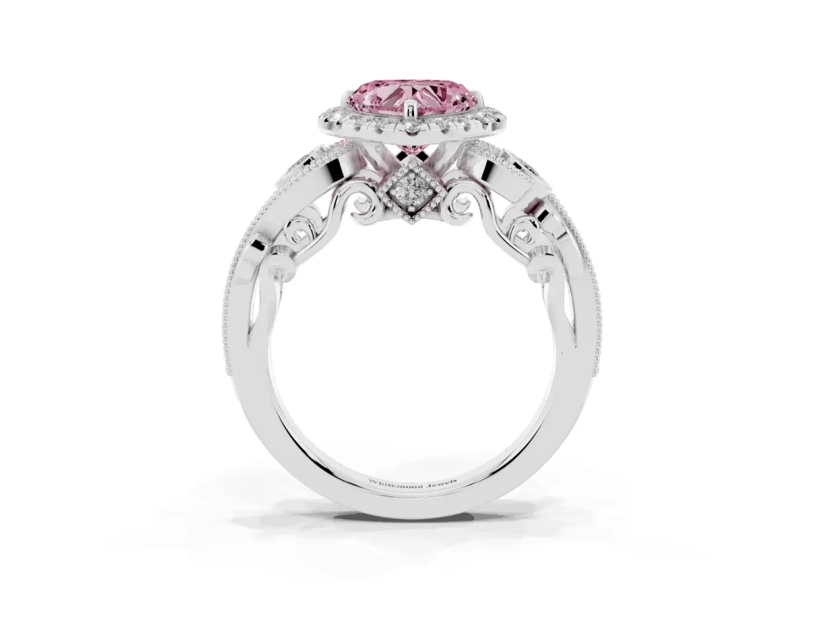 Fancy Pink Heart Cut Diamond Halo Ring with Milgrain Pavé Band and Four-Prong Setting Platinum