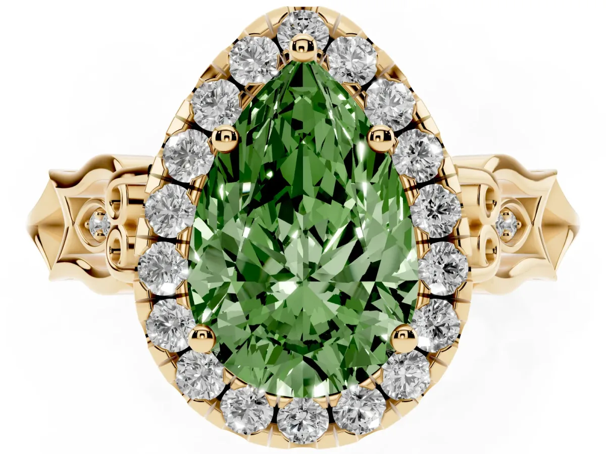 Fancy Green Pear Cut Halo Diamond Engagement Ring with Filigree Band and Four-Prong Setting Yellow gold