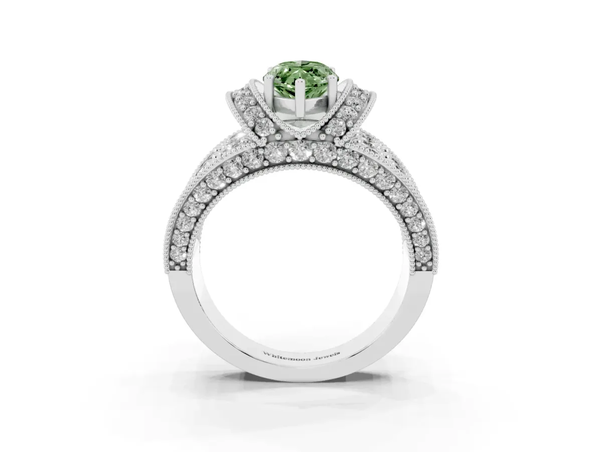 Fancy Green Marquise Cut Halo Pave Diamond Engagement Ring with Milgrain Detailing Silver