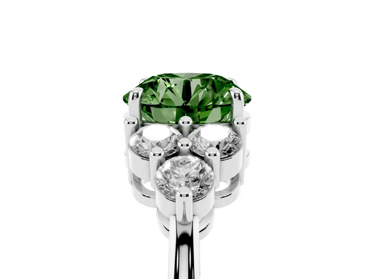 Fancy Green Round Cut Brilliant Diamond Cluster Accent Solitaire Ring with Prong Setting Silver