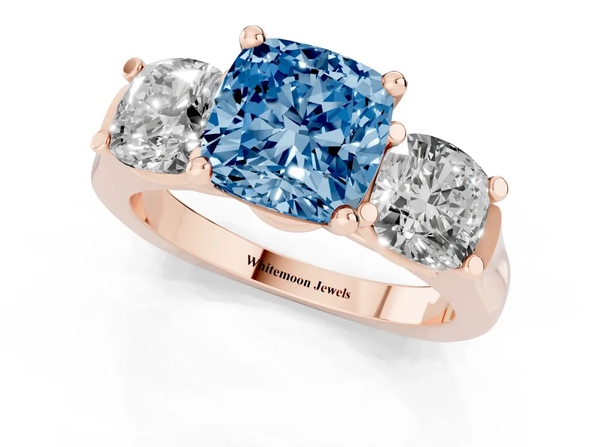 Fancy Blue Three-Stone Cushion Cut Brilliant Diamond Trellis Ring with Comfort Fit Band Rose gold