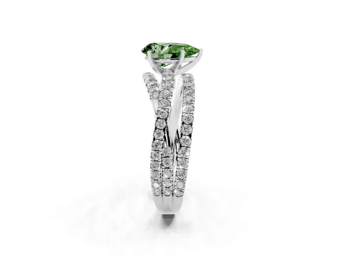 Fancy Green Pear Cut Solitaire Twist Band with Pavé Setting and Four-Prong Setting Silver