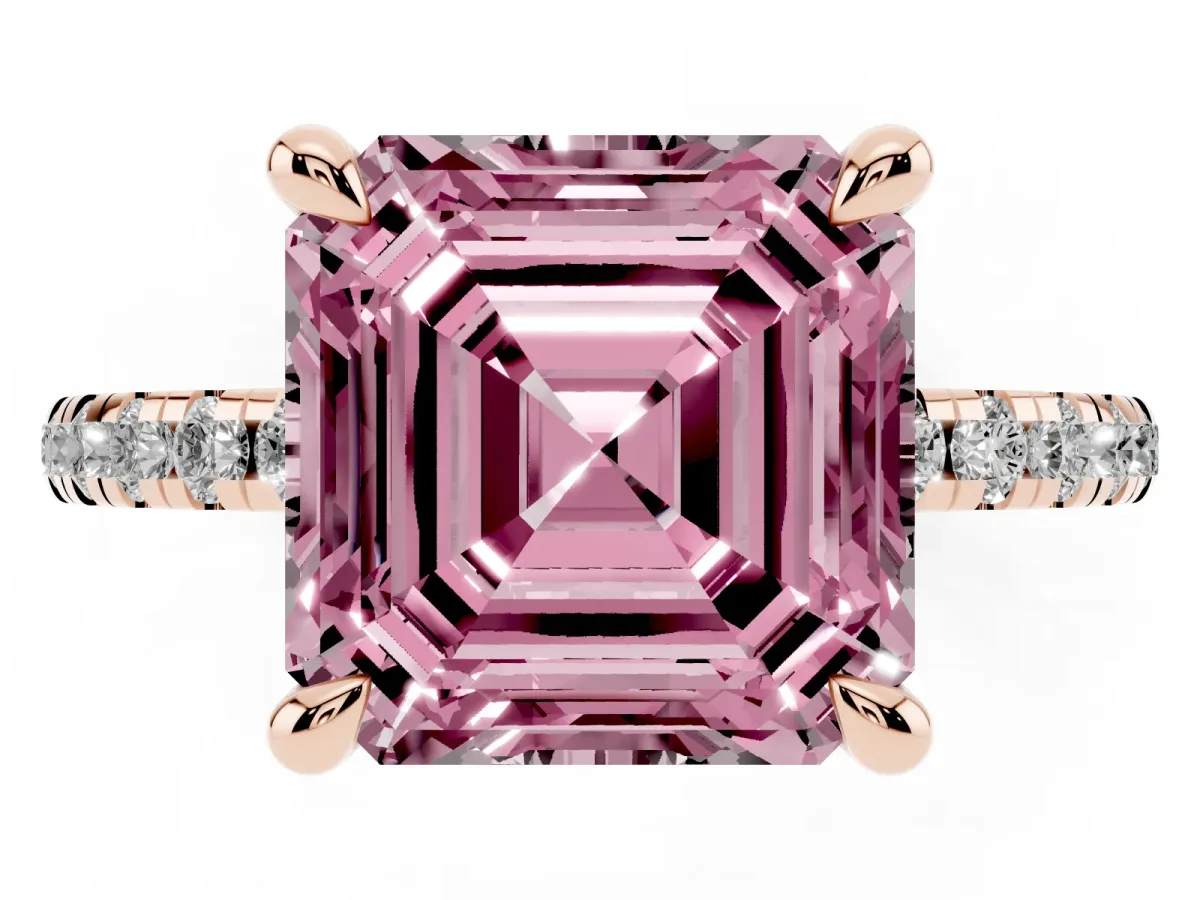 Fancy Pink Asscher Cut Diamond Brilliant Solitaire Ring with Pavé Band and Four-Prong Setting Rose gold