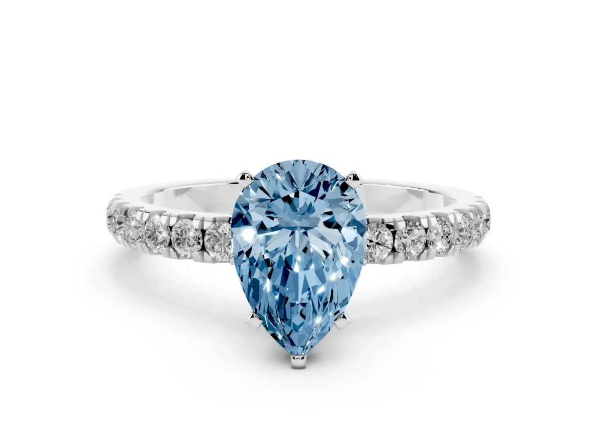 Fancy Blue Pear Cut Diamond Solitaire Ring with Pavé Accents and Four-Prong Setting Platinum