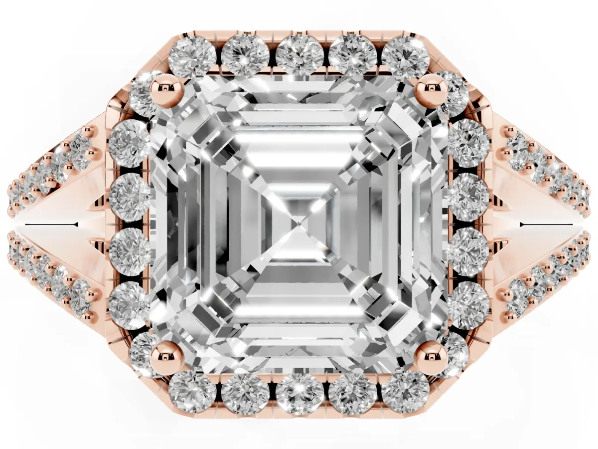 Asscher Cut Halo Split Shank Diamond Ring with Prong Setting Rose gold