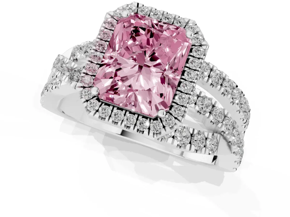 Fancy Pink Radiant Cut Diamond Halo Ring with Round Split Shank and Prong Setting Silver