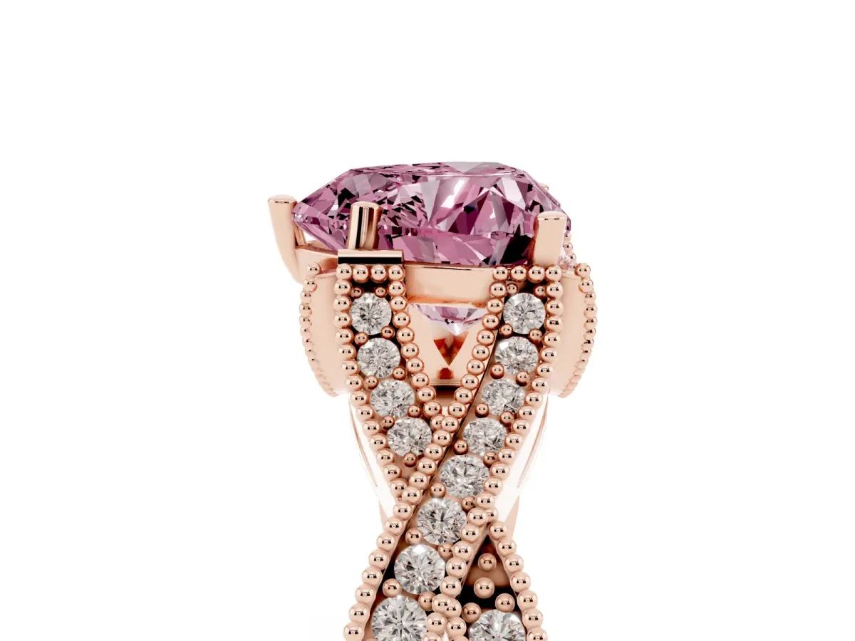 Fancy Pink Heart Cut Cut Diamond Twisted Band with Milgrain Pave Setting and Four-Prong Setting Rose gold