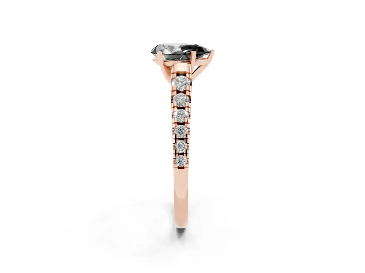 Fancy Black Pear Cut Diamond Cathedral Solitaire Ring with Round Pavé Band Rose gold