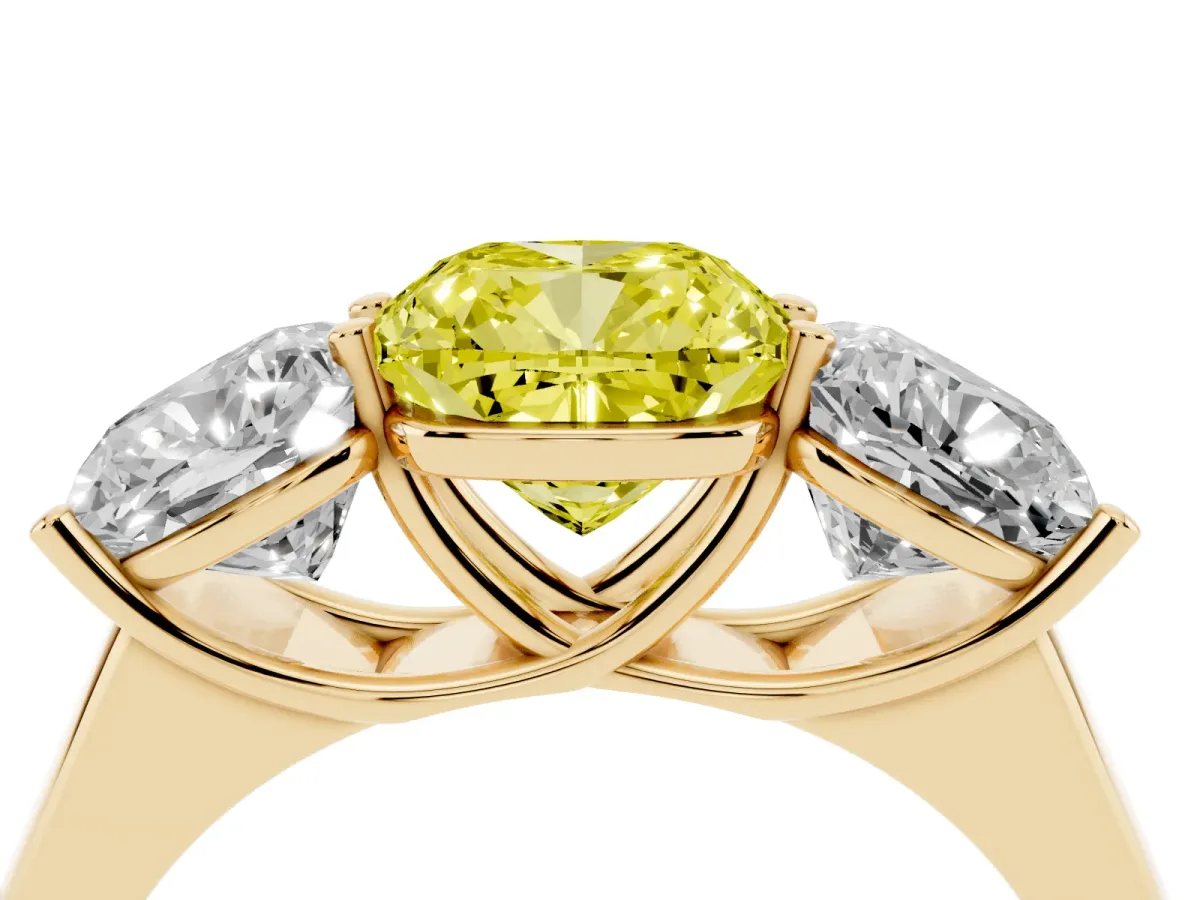 Fancy Yellow Cushion Cut Three-Stone Diamond Ring with Prong Setting on a Classic Band Yellow gold