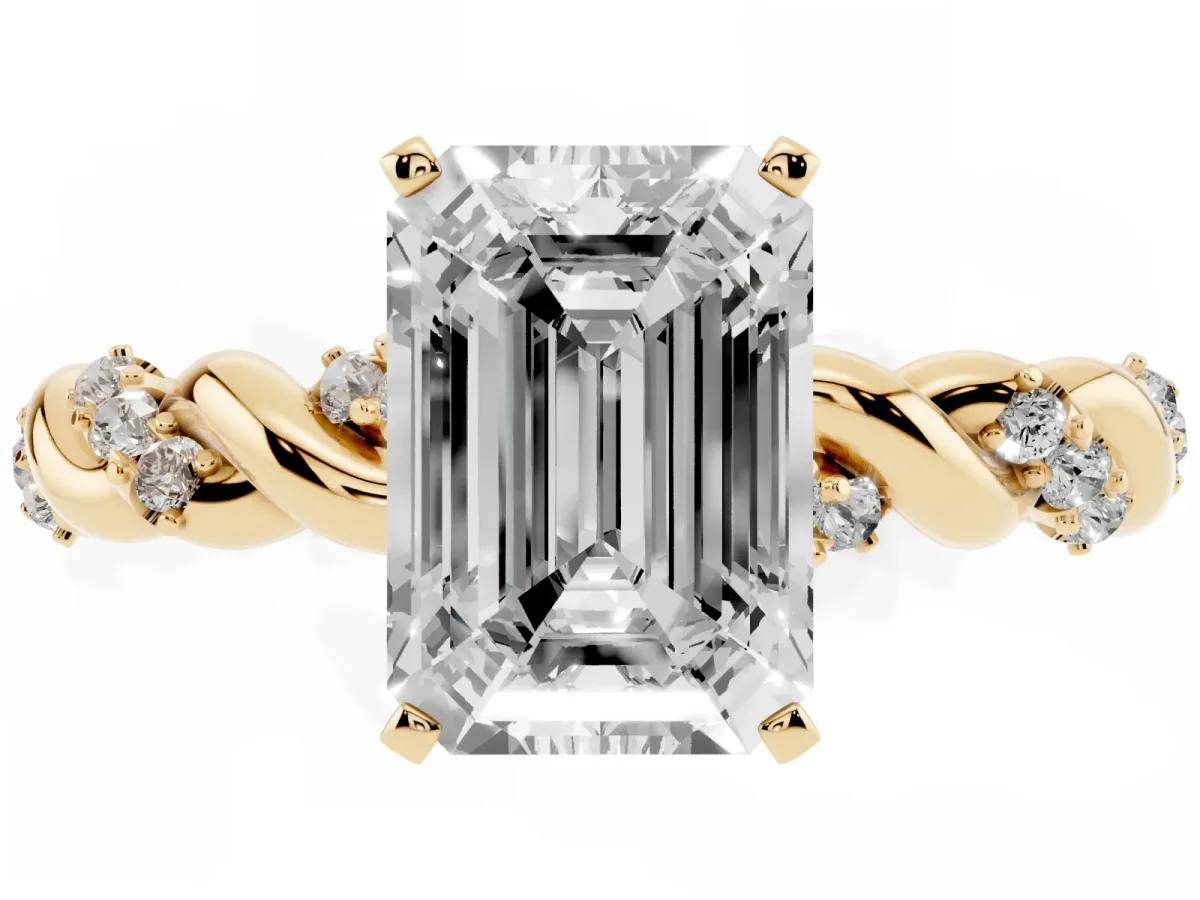 Emerald Cut Diamond Solitaire Ring with Twisted Band and Pavé Accents Yellow gold