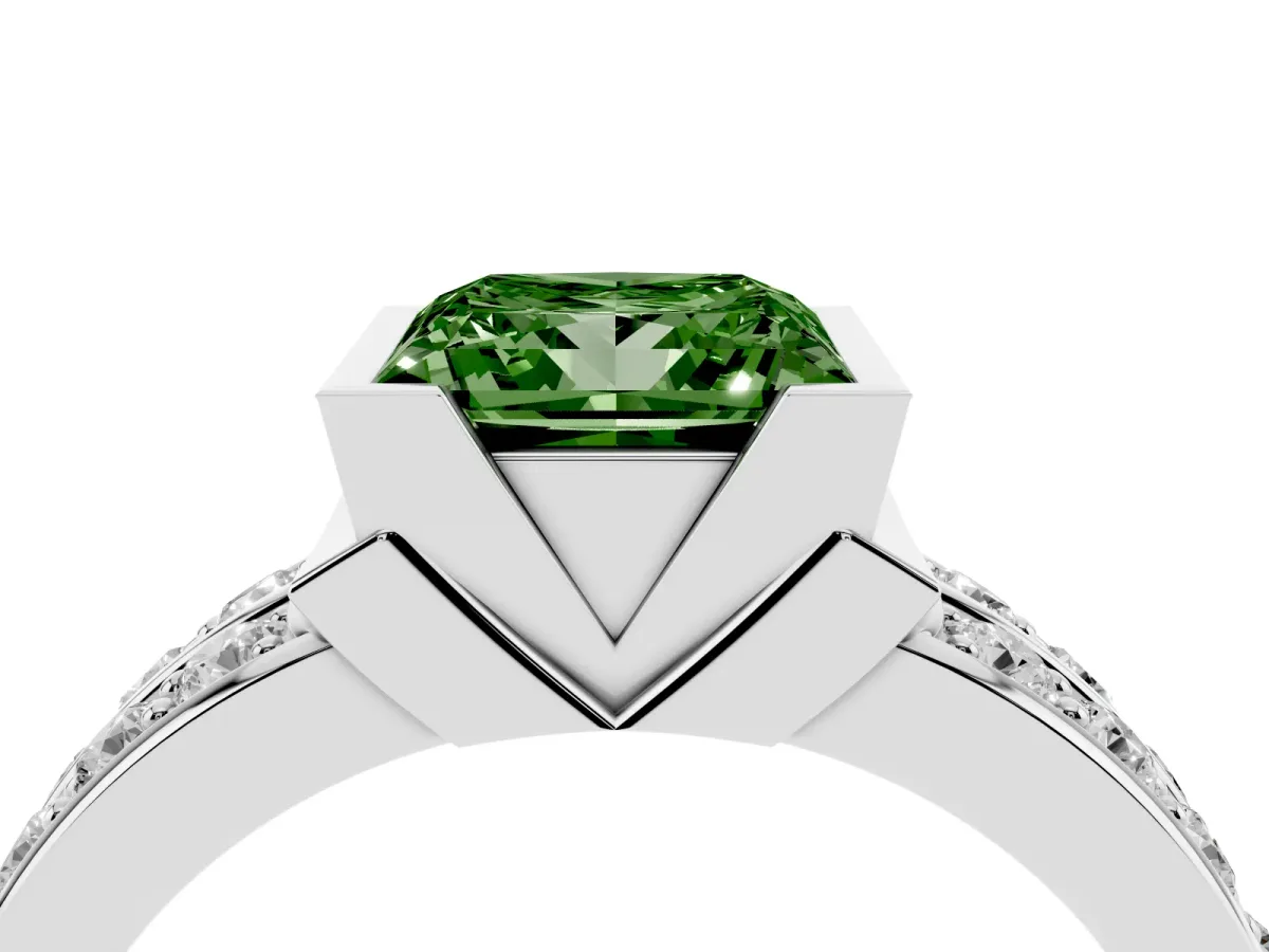 Fancy Green Princess Cut Brilliant Diamond Channel Set Wide Band Ring with Bezel Setting Silver