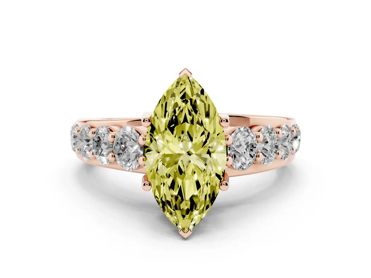 Fancy Yellow Marquise Cut Diamond Engagement Ring with Pavé Band and Four-Prong Setting Rose gold
