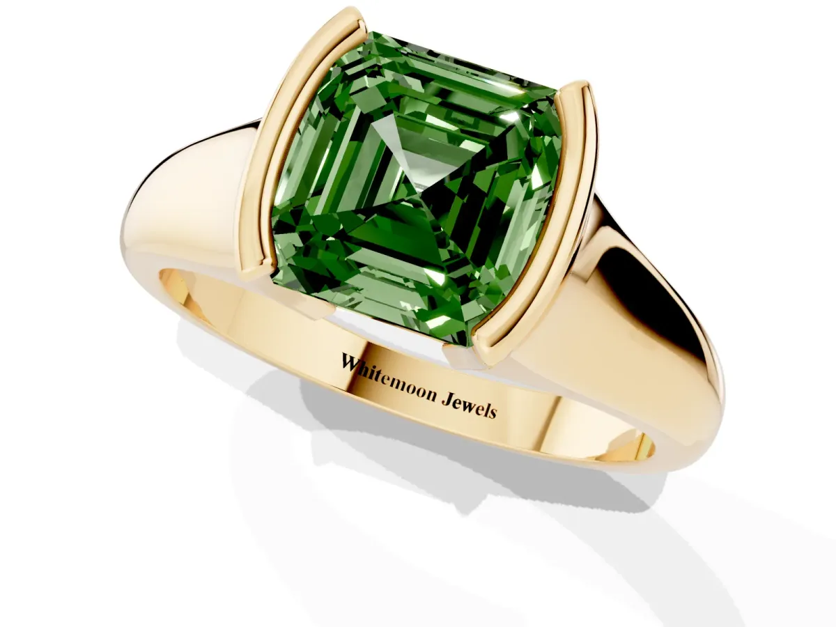Fancy Green Asscher Cut Solitaire Tension Set Diamond Ring with Split Shank Band Yellow gold