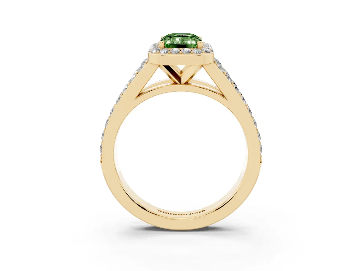 Fancy Green Emerald Cut Diamond Split Shank Halo Ring with Four-Prong Setting Yellow gold