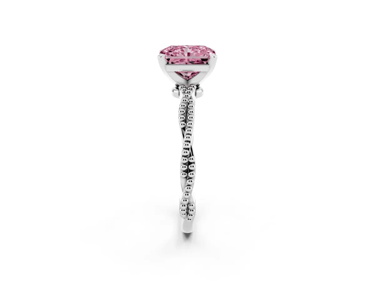 Fancy Pink Radiant Cut Solitaire Twisted Band with Bead Prong Setting Silver