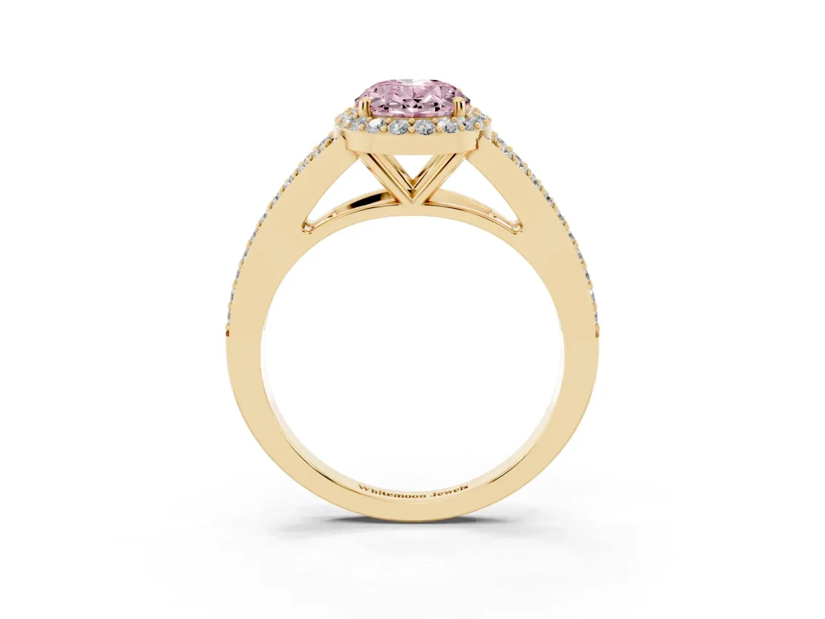 Fancy Pink Oval Cut Halo Split Shank Pave Diamond Ring with Four-Prong Setting Yellow gold